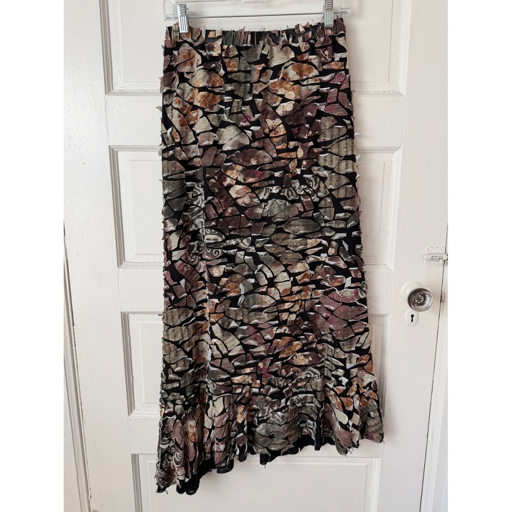 Vintage Y2K Mosaic Patchwork Maxi Skirt Asymmetrical Raw Hem Earth Tone Boho - Picture 3 of 13